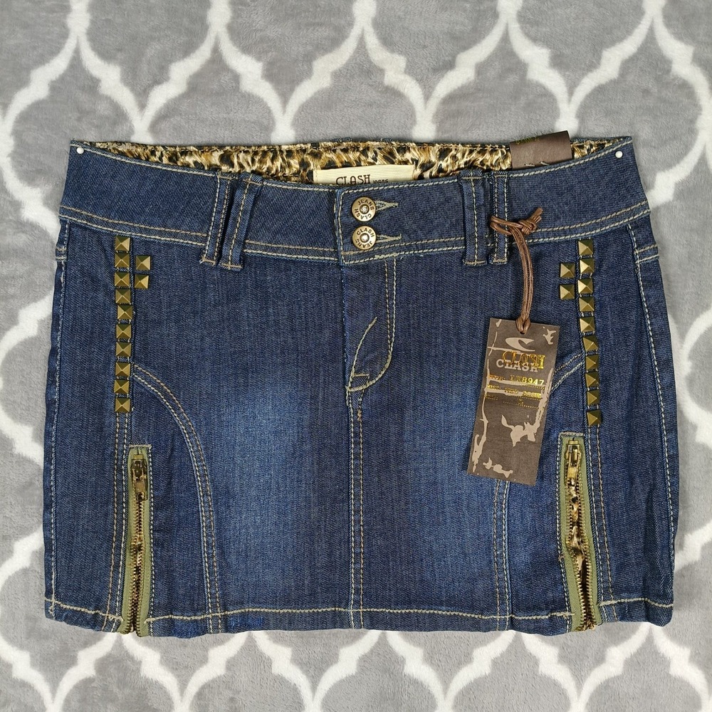 Clash Jeans Denim Mini Skirt Size L Studded Leopard Cowgirl Y2K Punk Festival